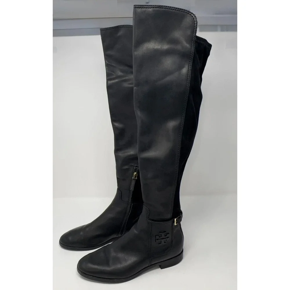 Tory Burch Willa Riding‎ Boots Women's Size 7 Over The Knee Black Leather Suede